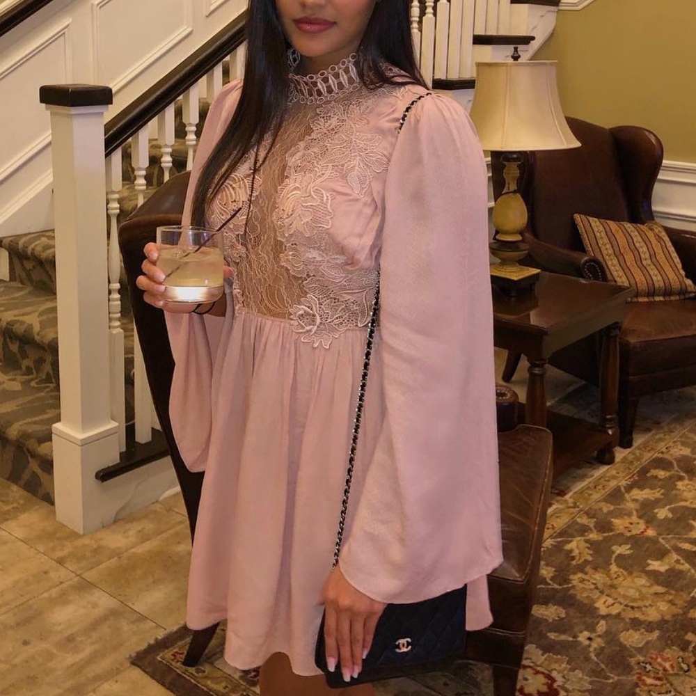 Free People Divine Lace Trim Rose Pink Open Back Embroidered Dress - US 8